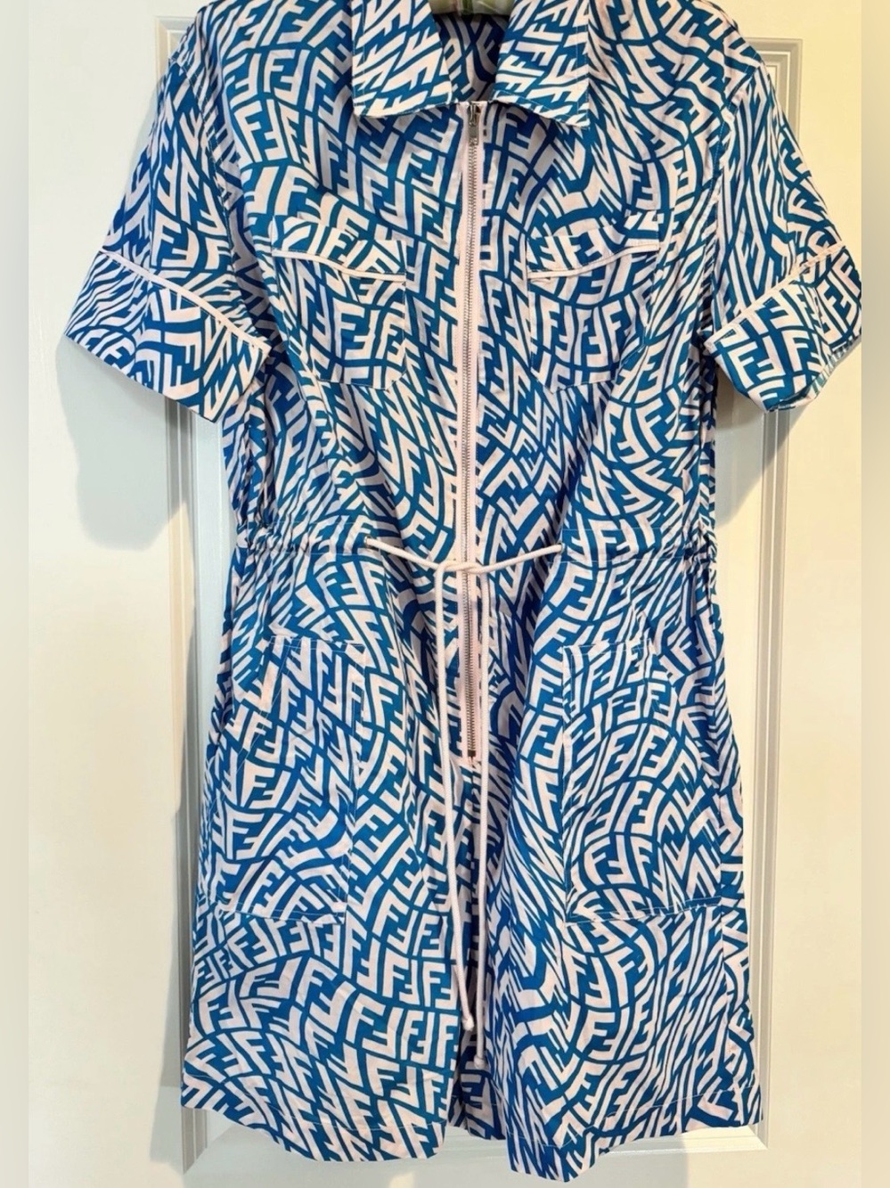 Fendi FF Monogram Romper Dress Blue White Zip Front XL Italy Logo Rare
